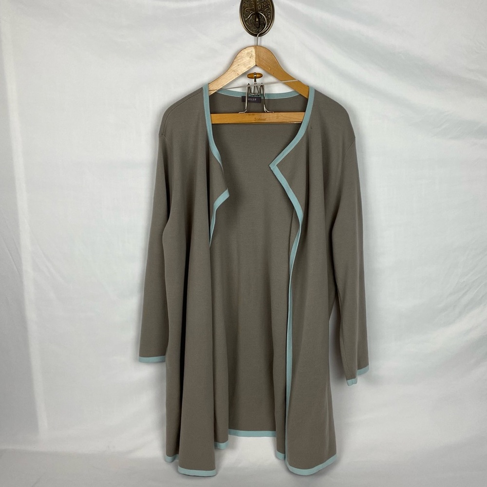 Basler 100% Virgin Wool Long Line Open Cardigan with Pockets Tan & Blue Size 16